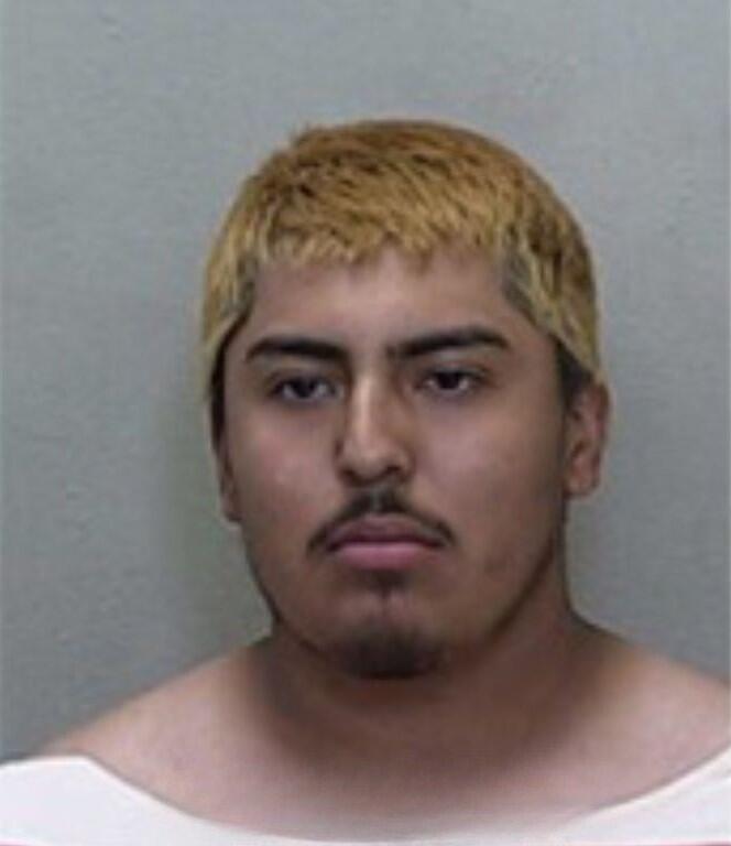 Mugshot of a man with short dyed-blond hair and a beard, wearing a red-and-white striped jail uniform.
