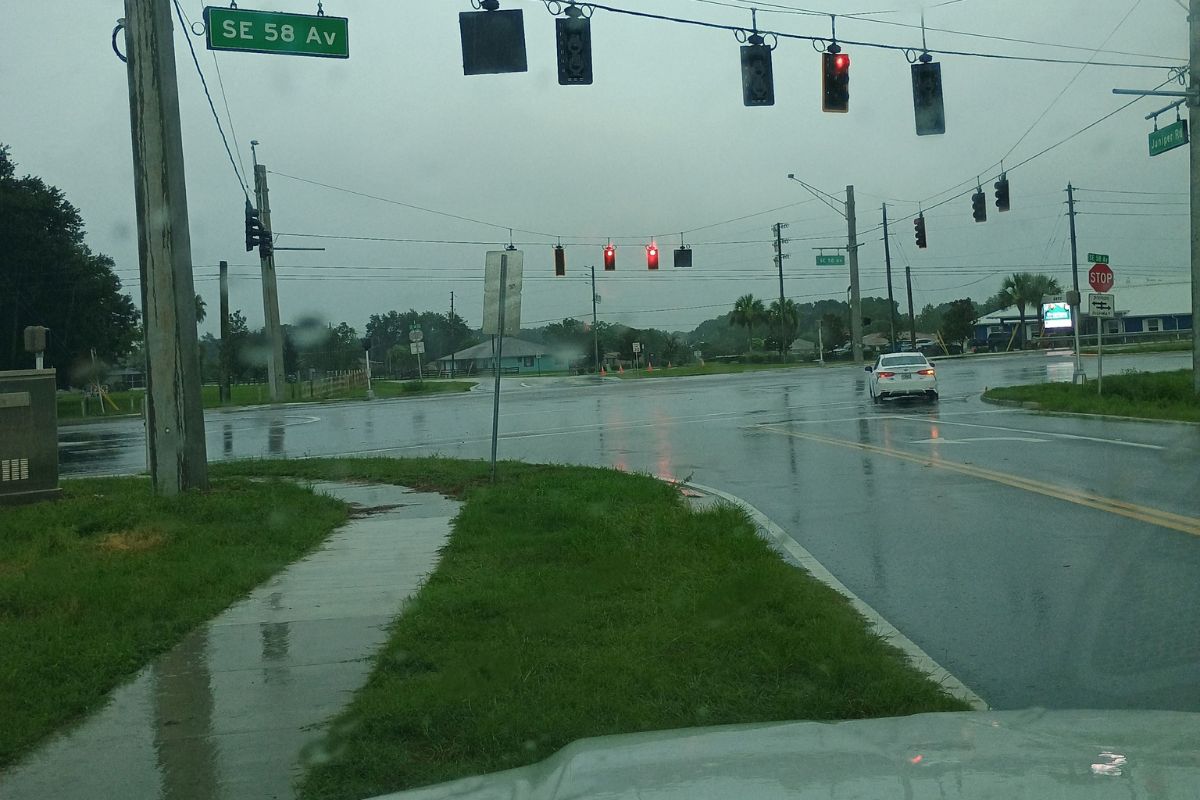 In the background there are traffic signs, traffic signals, telephone poles, cars, a sidewalk surrounded by green space to the extreme left, and paved road to the right.