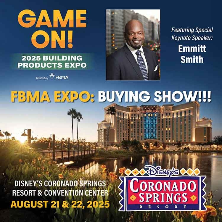 Promotional flyer for the Game On! 2025 Building Products Expo featuring Emmitt Smith as keynote speaker, held at Disney’s Coronado Springs Resort.