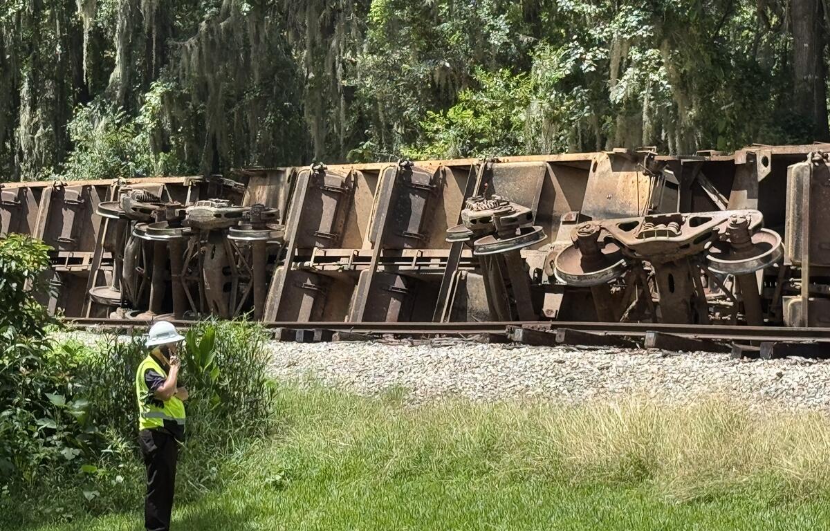 Overturned freight train cars on tracks in wooded area after Ocala derailment.