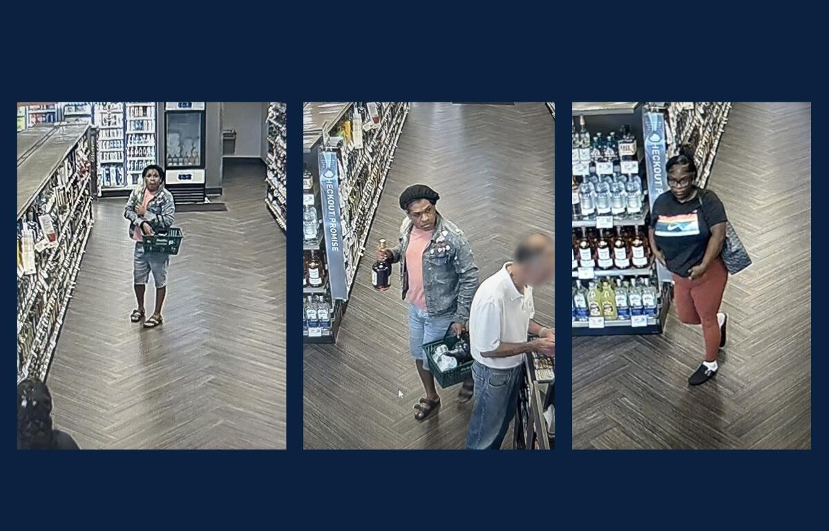Surveillance images of two suspects inside a liquor store, each carrying bottles and a basket.