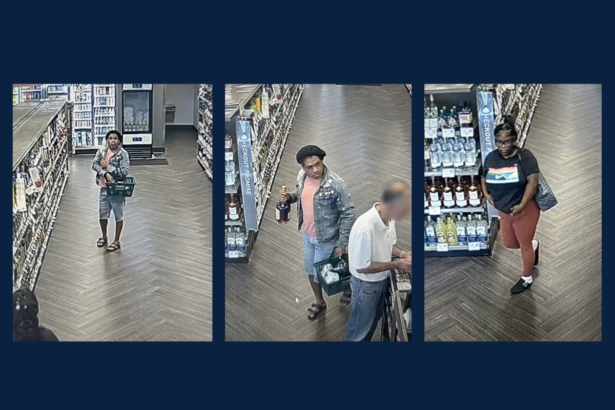 Surveillance images of two suspects inside a liquor store, each carrying bottles and a basket.