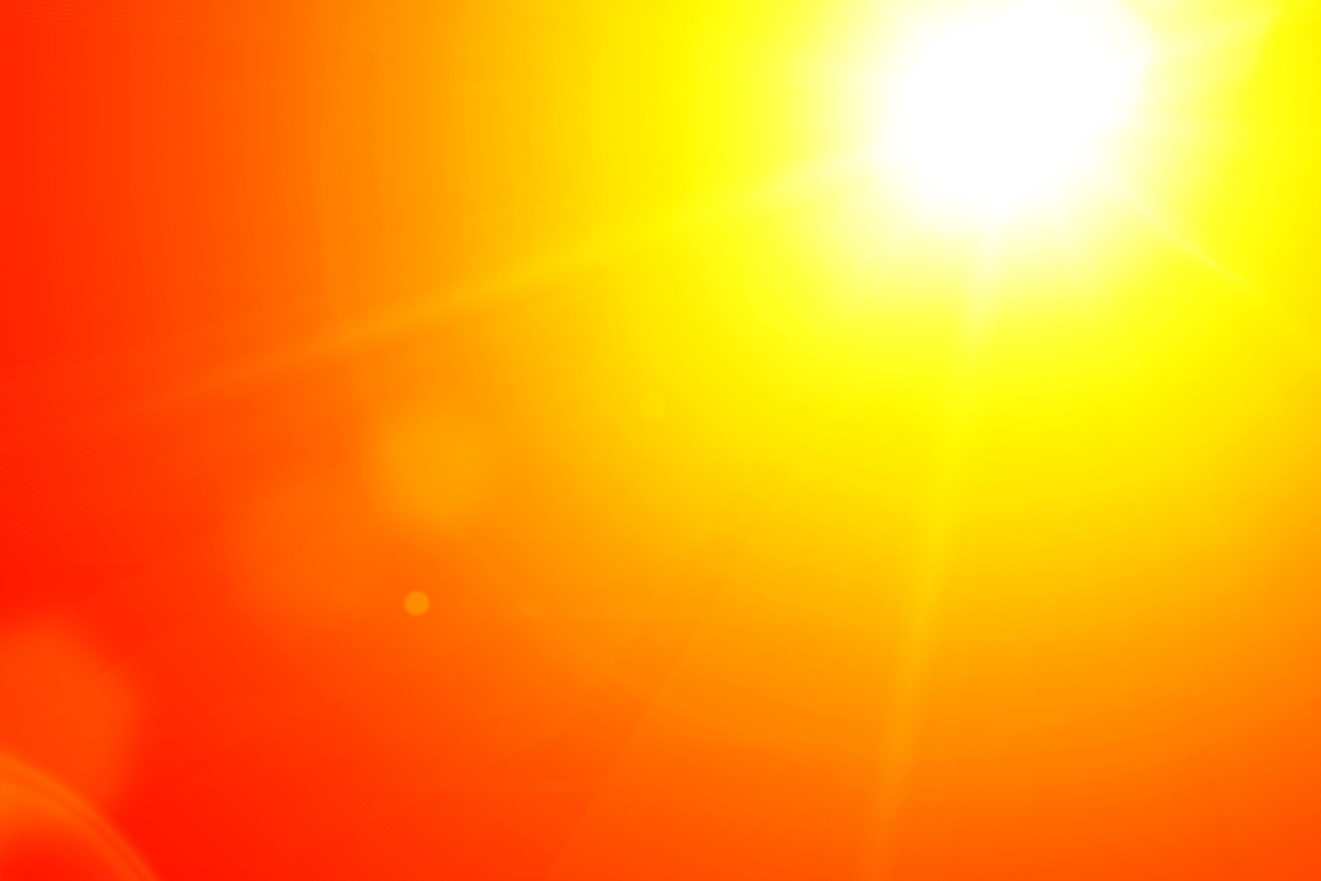 Bright sun with intense yellow and orange heat glow representing high temperatures.