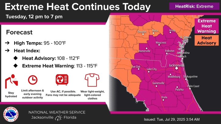 Heat advisory map showing extreme heat warnings for north central Florida on July 29, 2025.