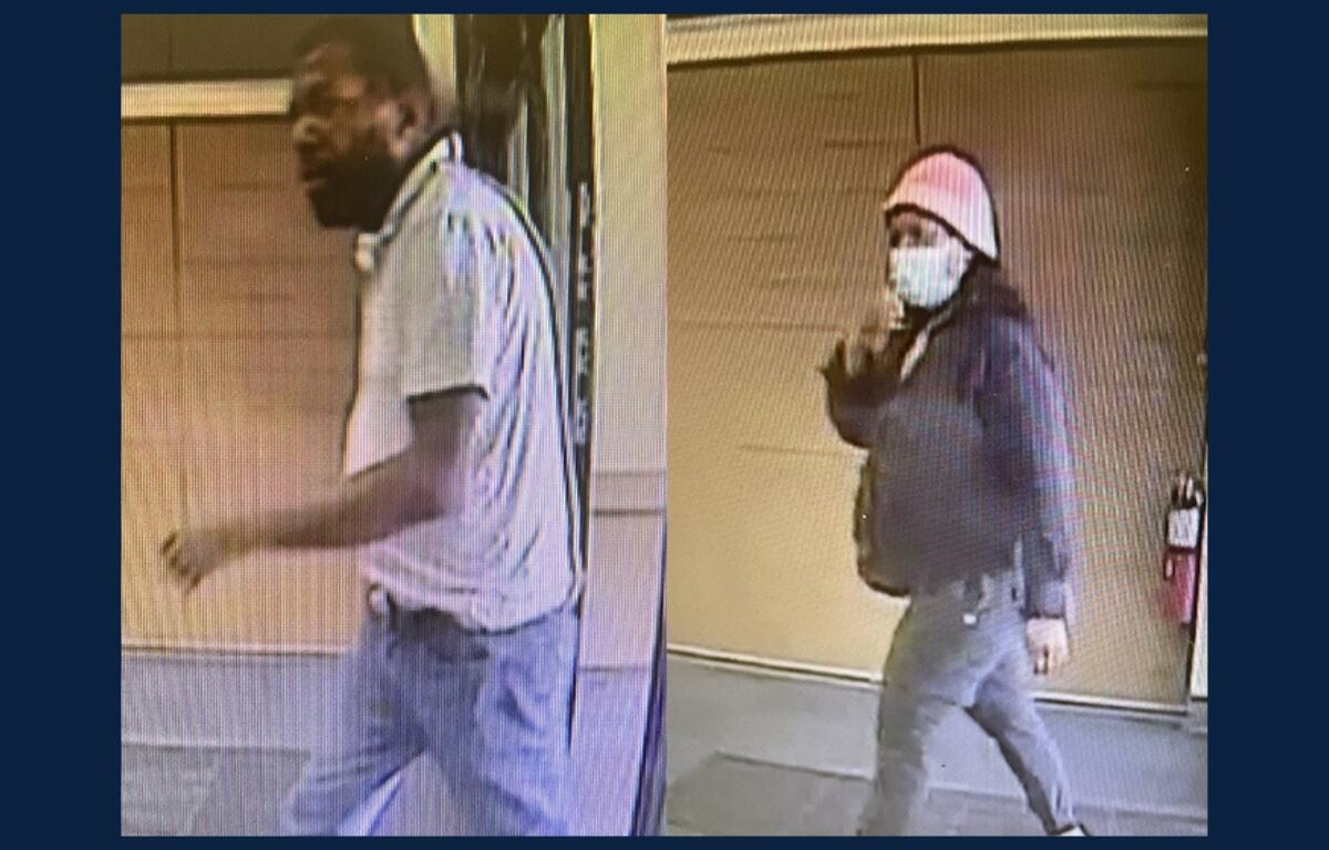 Surveillance photos of two suspects walking inside a store after a reported wallet theft in Ocala.
