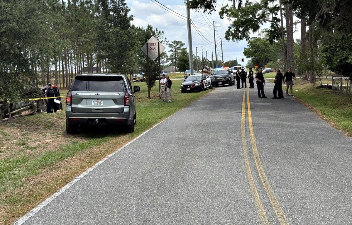 To the left a turned over vehicle, an upright vehicle on the shoulder of the road, people and a law enforcement vehicle to the right in the background, more people in the road and a tree overhanging the road to right in the foreground.