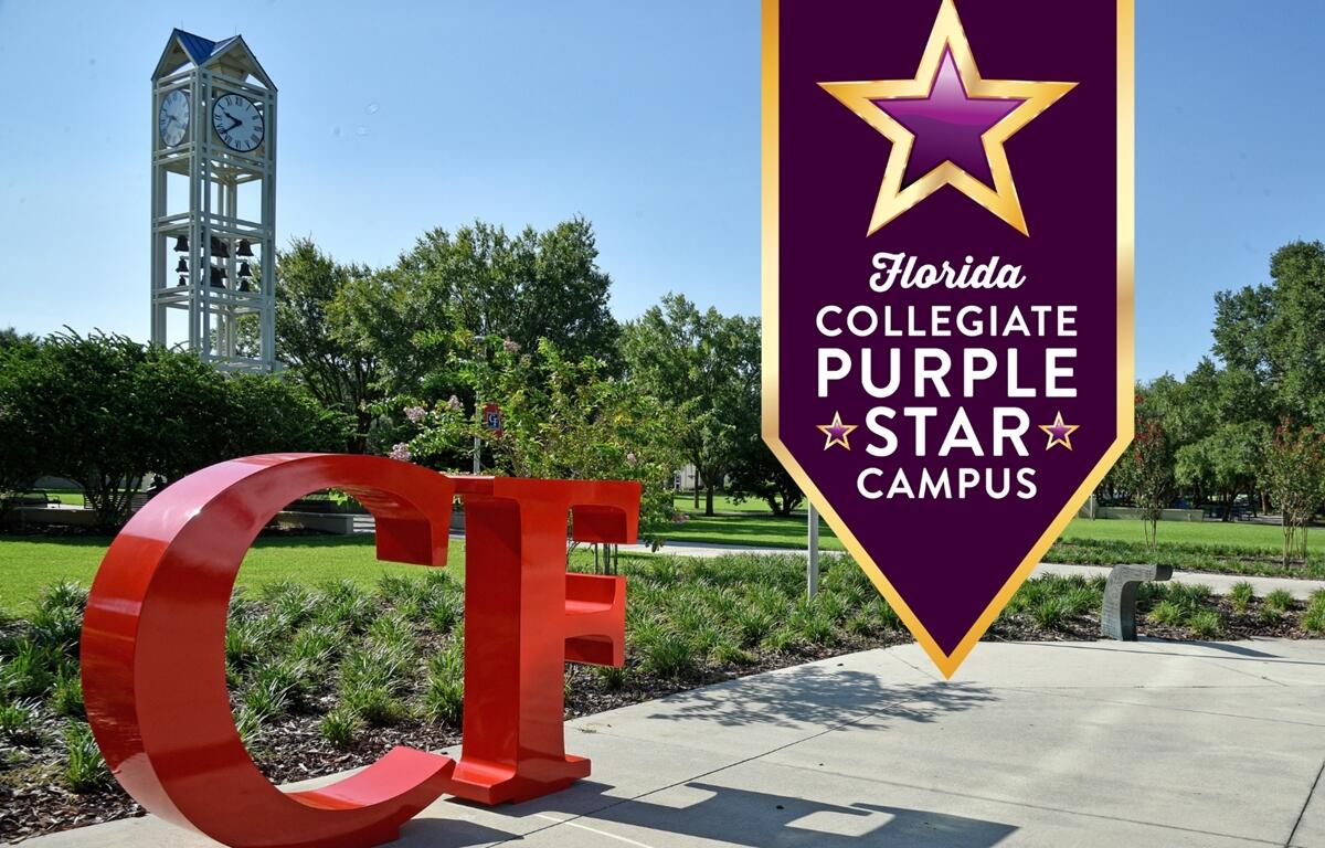 Large red "CF" sculpture on College of Central Florida campus with Purple Star Campus designation badge overlay.