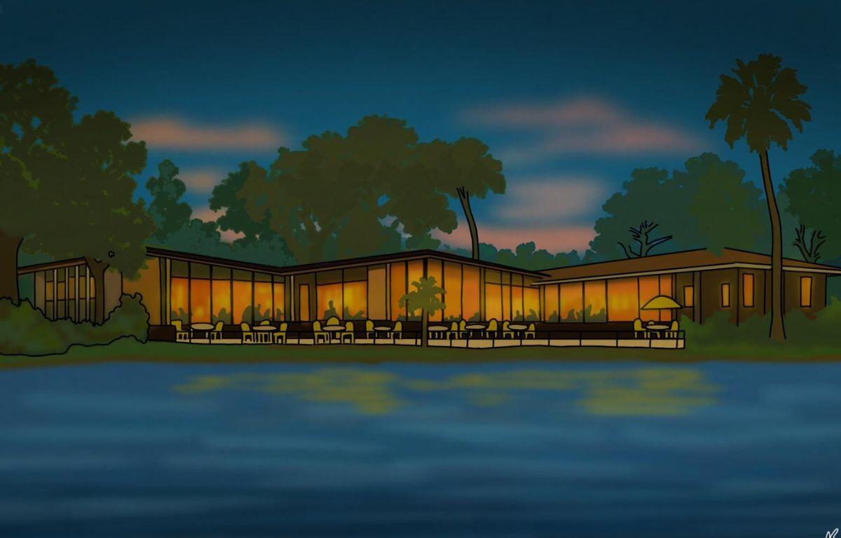 Illustrated evening scene of a mid-century modern building with floor-to-ceiling windows glowing warmly from interior lights. The structure sits beside a calm body of water, with reflections visible on the surface. Silhouetted figures can be seen seated indoors and on the outdoor patio. The setting is surrounded by large trees and palm trees, under a twilight sky with soft clouds.