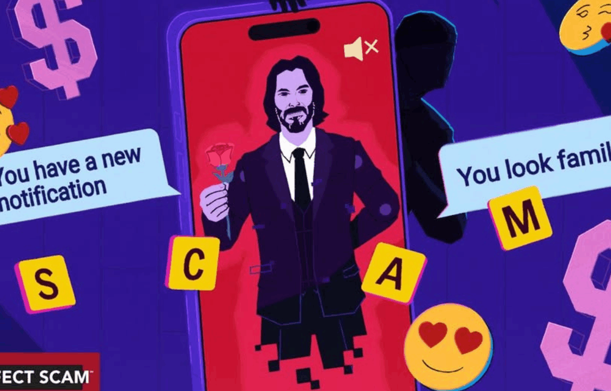 An illustration depicting an online romance scam. A man in a suit, holding a rose and resembling a celebrity, appears on a smartphone screen with a red background. The bottom of his figure pixelates into digital blocks. Speech bubbles say “You have a new notification” and “You look familiar.” Scrabble-like letter tiles spell out “SCAM.” A shadowy figure stands behind the phone, symbolizing deception. Surrounding elements include emoji faces with heart eyes and dollar signs, emphasizing the emotional and financial manipulation common in such scams. The bottom-left corner reads "THE PERFECT SCAM."