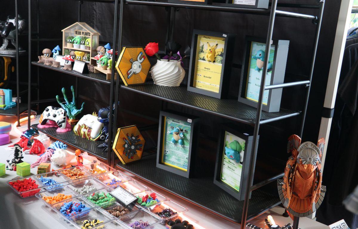 Shelves stocked with Pokemon toys, plushies and memorabilia in bright packaging.