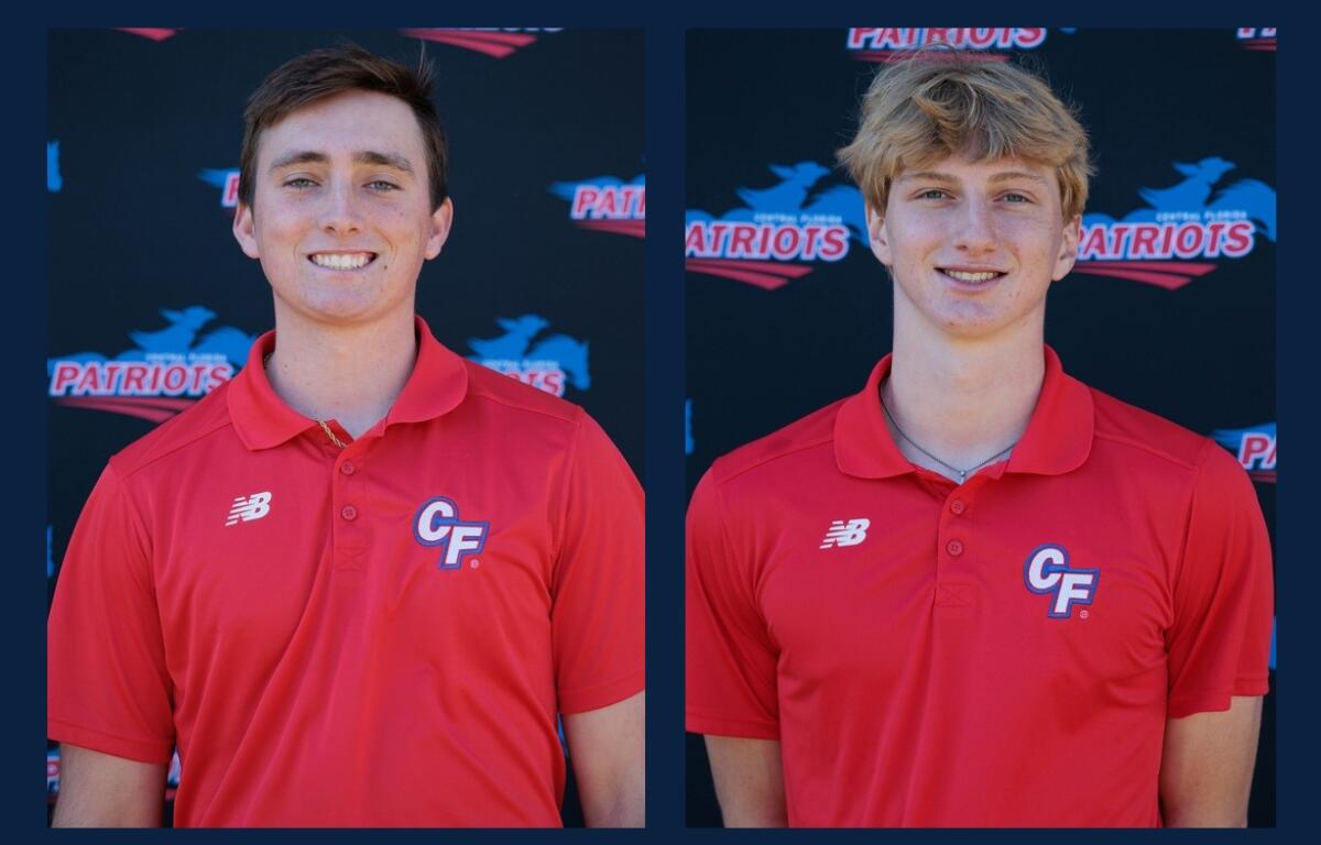 College of Central Florida pitchers Joey Wimpelberg and Cory Geinzer pose in red CF team shirts in front of a Patriots backdrop.