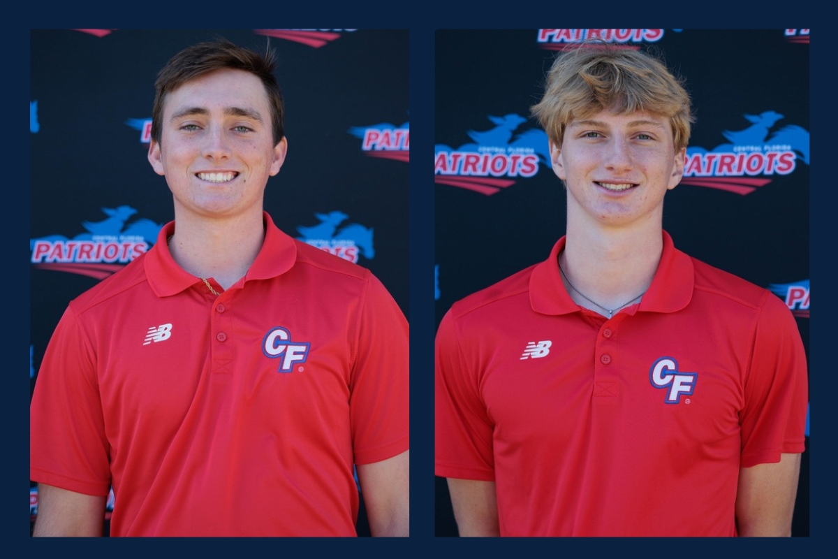College of Central Florida pitchers Joey Wimpelberg and Cory Geinzer pose in red CF team shirts in front of a Patriots backdrop.