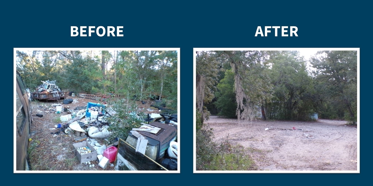 Side-by-side images of a cluttered lot before cleanup and the same lot cleared of debris after cleanup.