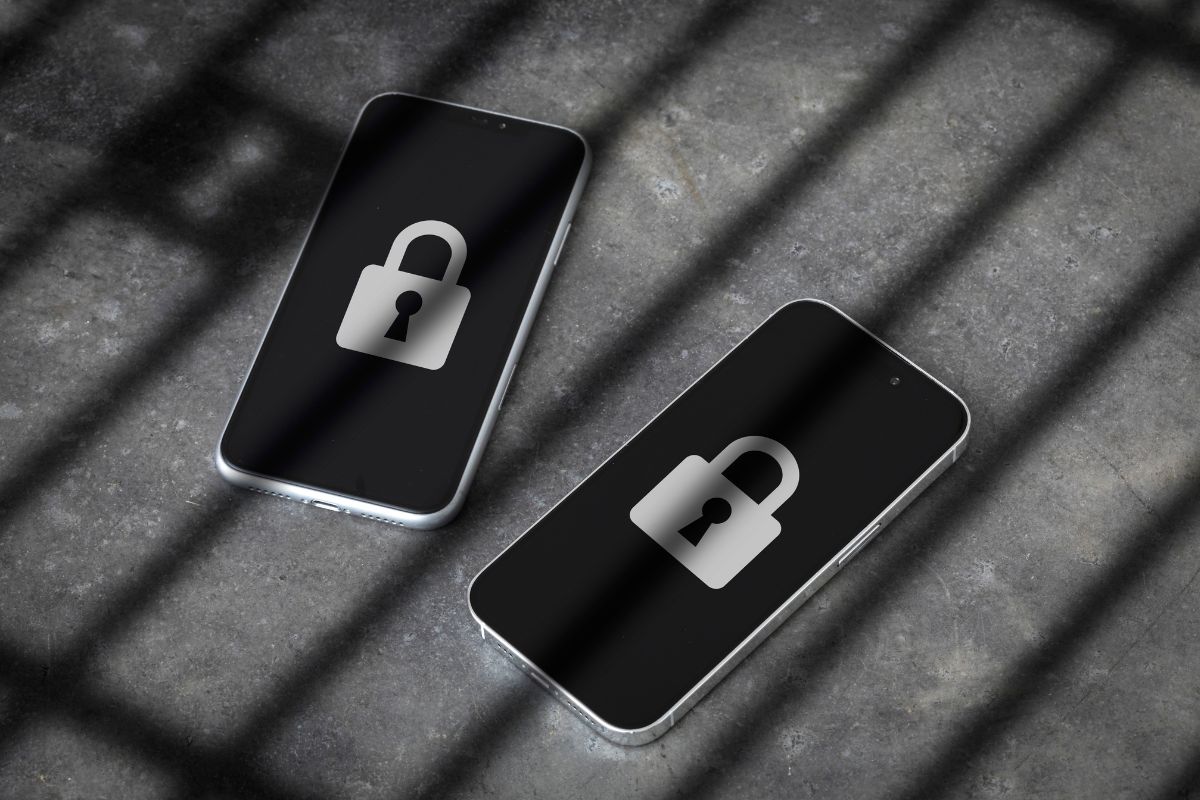 Two smartphones with lock icons on their screens, symbolizing security or data protection, lying on a surface with shadow lines.