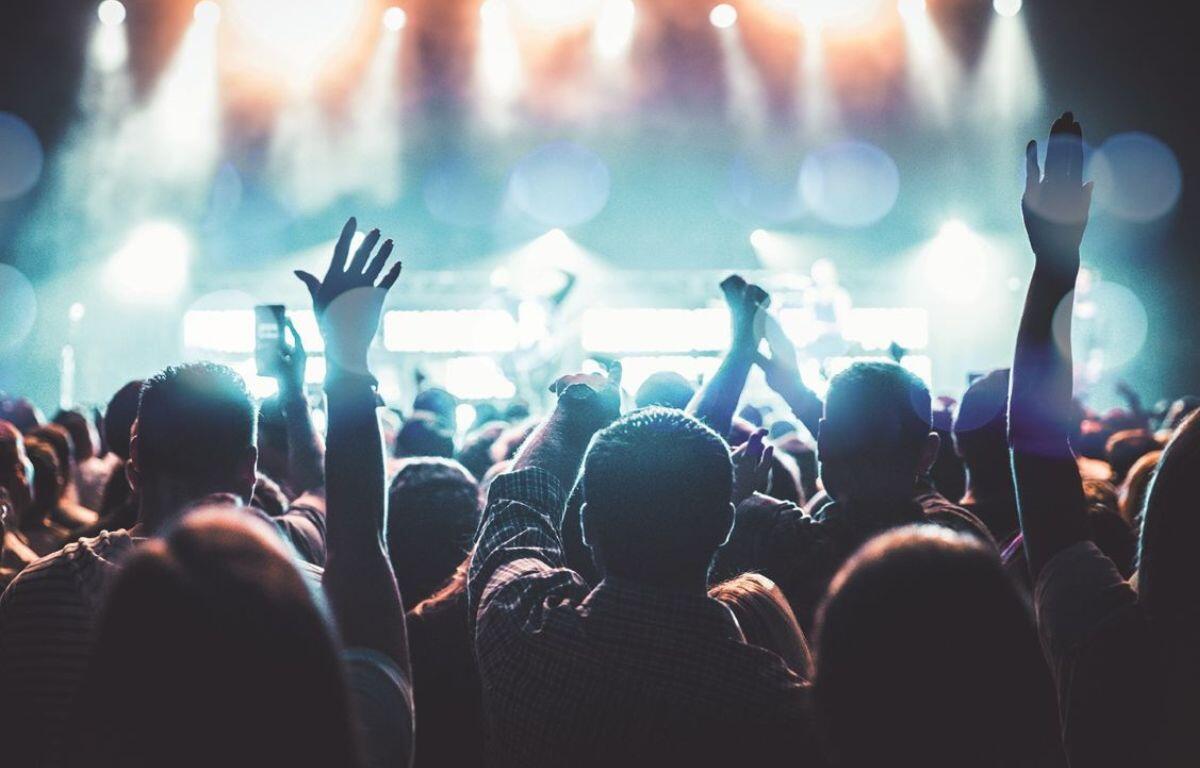 From left to right, the back of an audience's head, with hands being raised in the foreground. The background has light filtering down to what appears to be an arena.