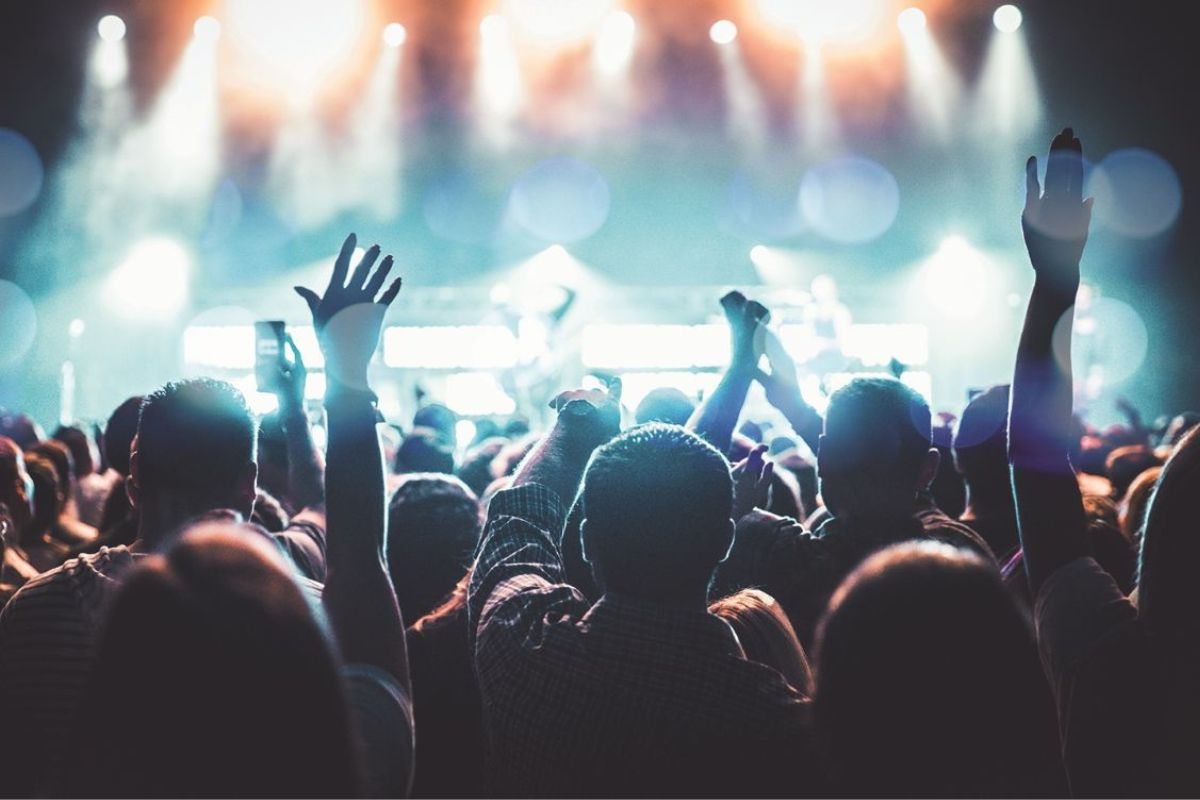 From left to right, the back of an audience's head, with hands being raised in the foreground. The background has light filtering down to what appears to be an arena.
