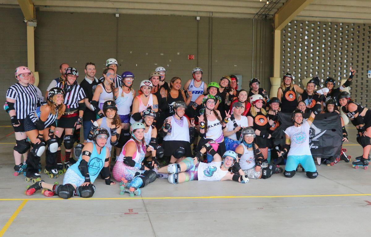 Large group photo of the Ocala Roller Derby Pirates and Mermaids.