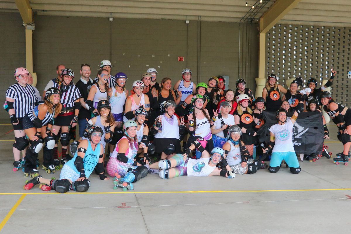 Large group photo of the Ocala Roller Derby Pirates and Mermaids.
