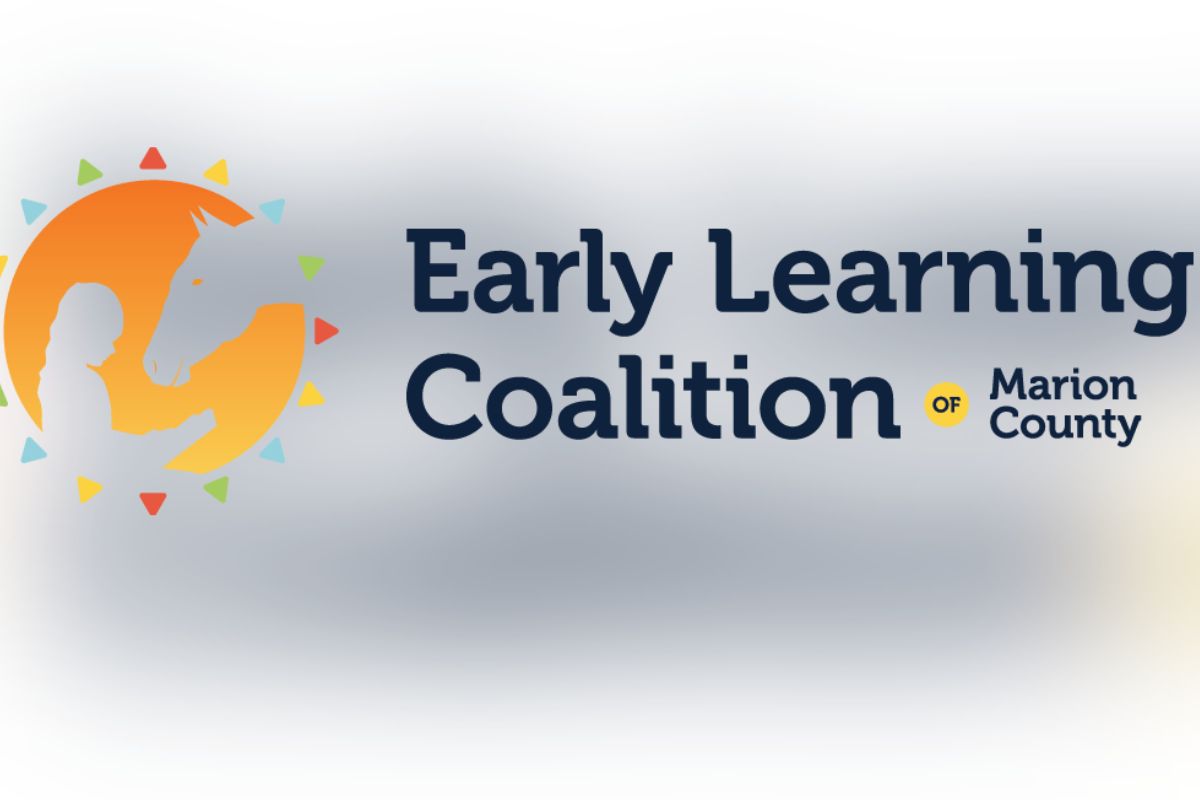 Orange and red logo, with lettering to the right against a gray background.