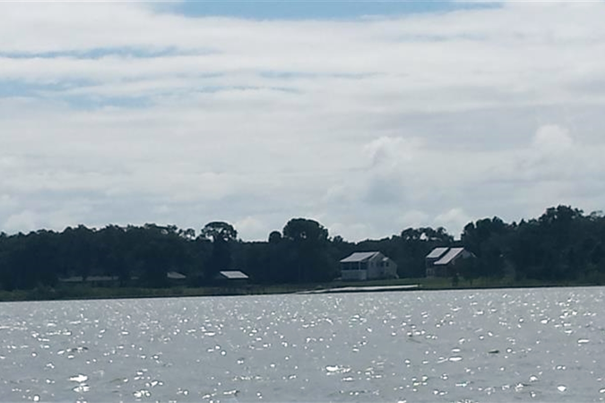 View of Lake Weir with houses and trees along the shoreline under a partly cloudy sky