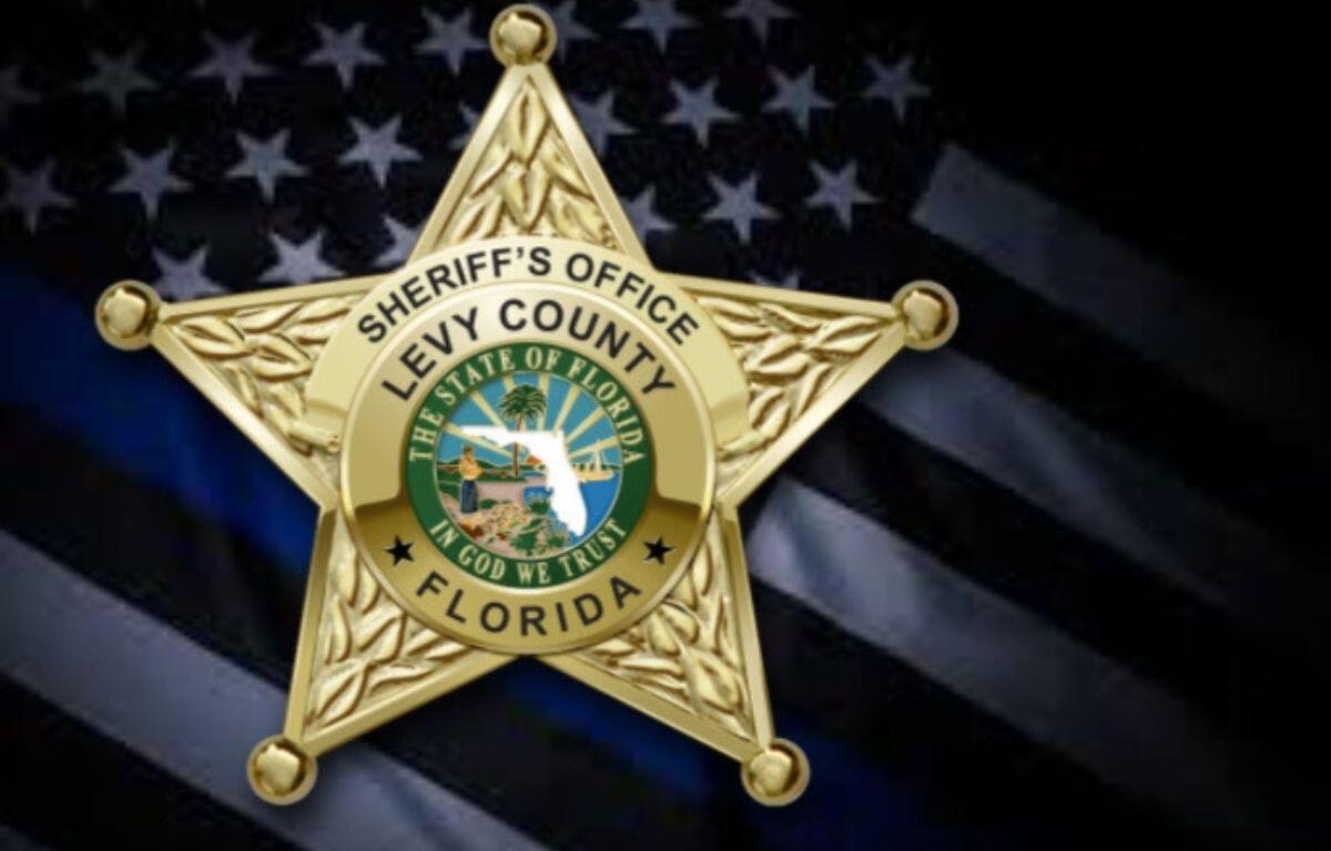 A gold badge, with writing and an insignia in the center of the badge against the background of the flag of the United States of America.