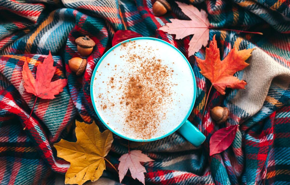 A pumpkin spice latte mug surrounded by fall leaves.