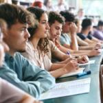 A group of students writing notes in class.