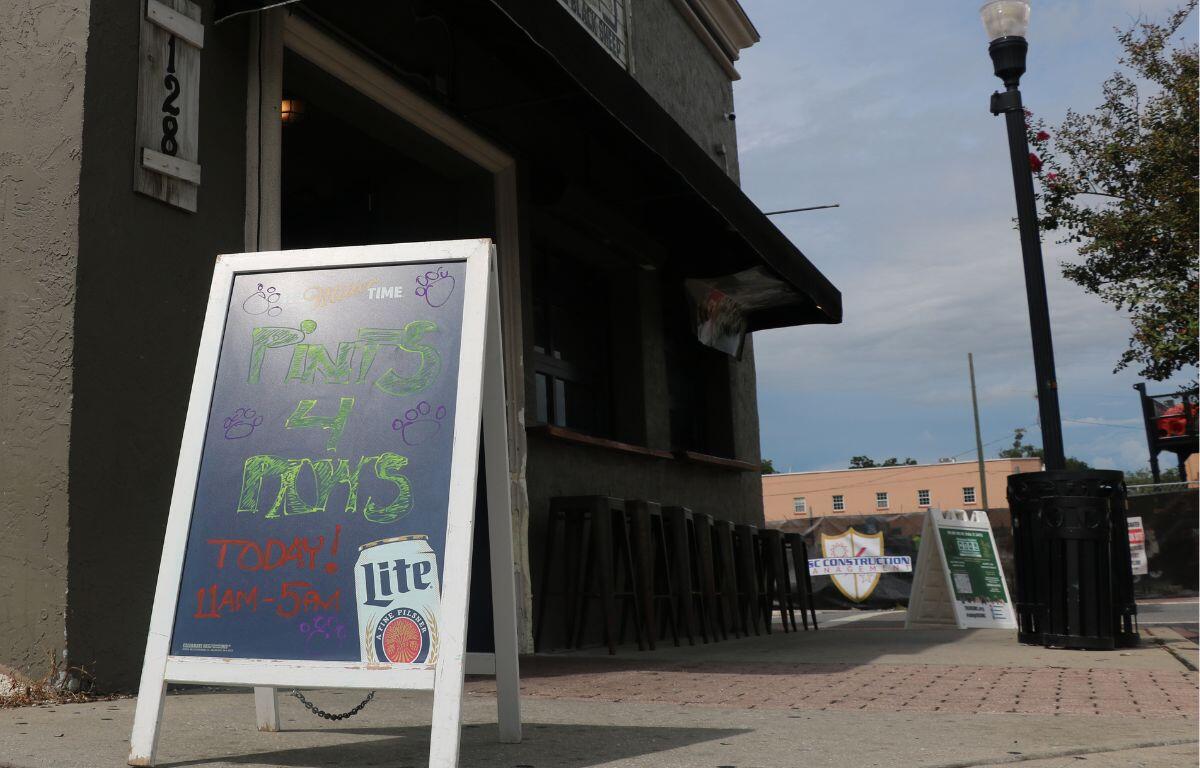 A sign outside of a grey, concrete pub on a street corner reads, "Pints 4 Paws," advertising a charity event at the pub in the background. A light pole, construction site, trash can and a tree stand in the background behind and in front of the building.