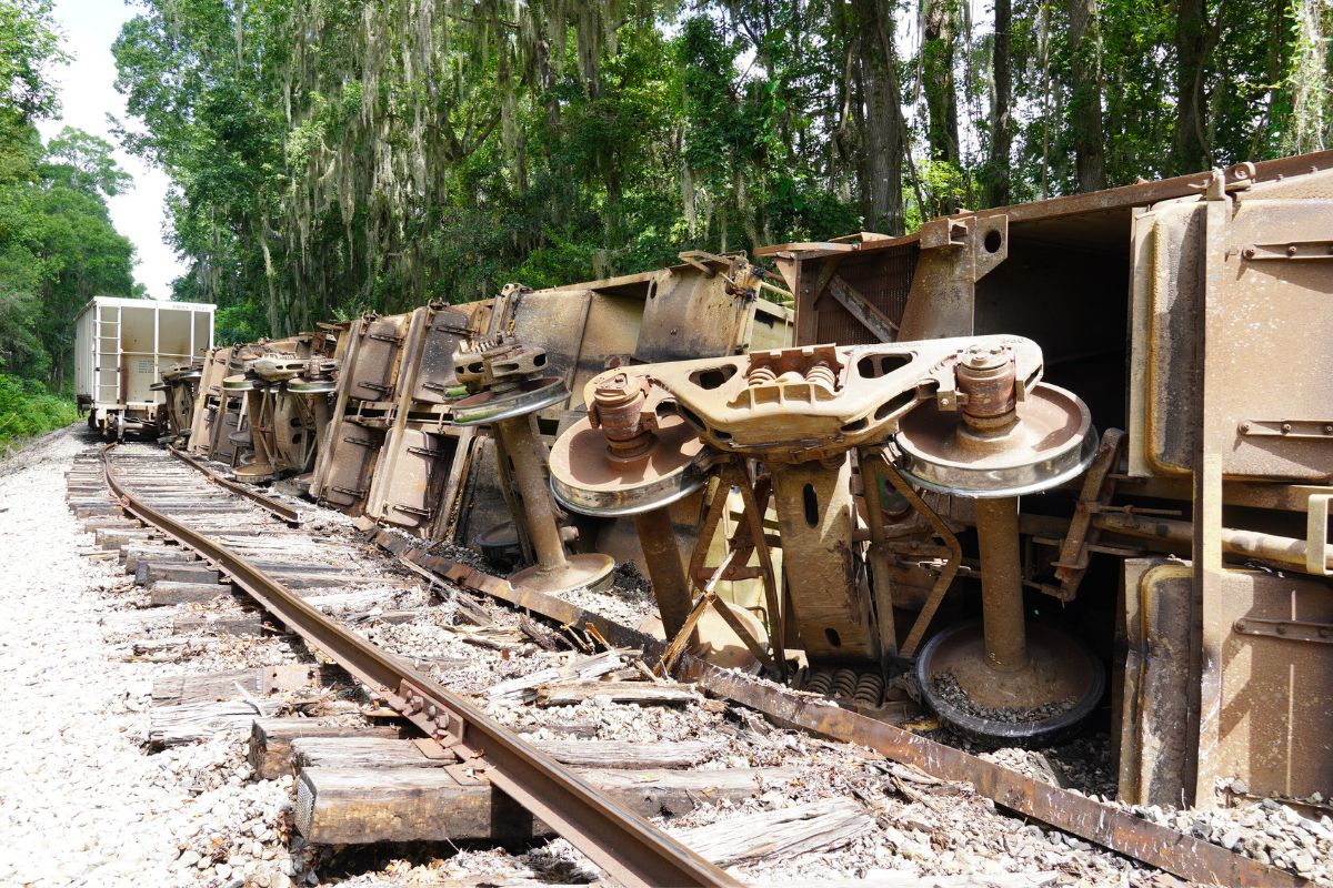 The left side, a railroad track, of the to the right, derailed train cars, to the extreme right and in the background tree lines.