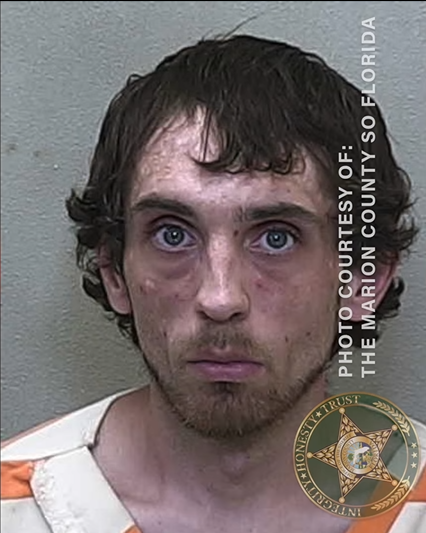 A mugshot of a man with medium brown hair and acne scars in an orange and white striped jumpsuit against a neutral background.