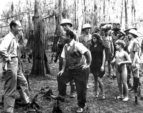 Crews taking a break during filming of "Tarzan Finds a Son". 