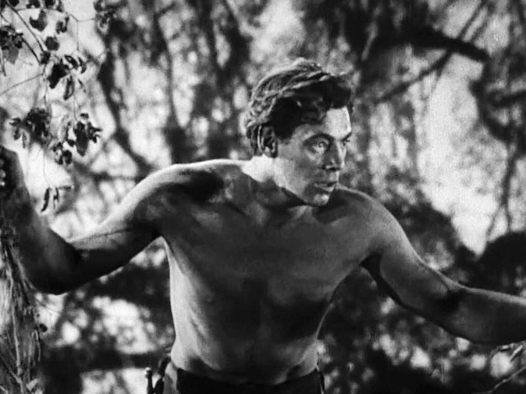 A promotional image for the 1932 film 'Tarzan the Ape Man' featuring Johnny Weissmuller.
