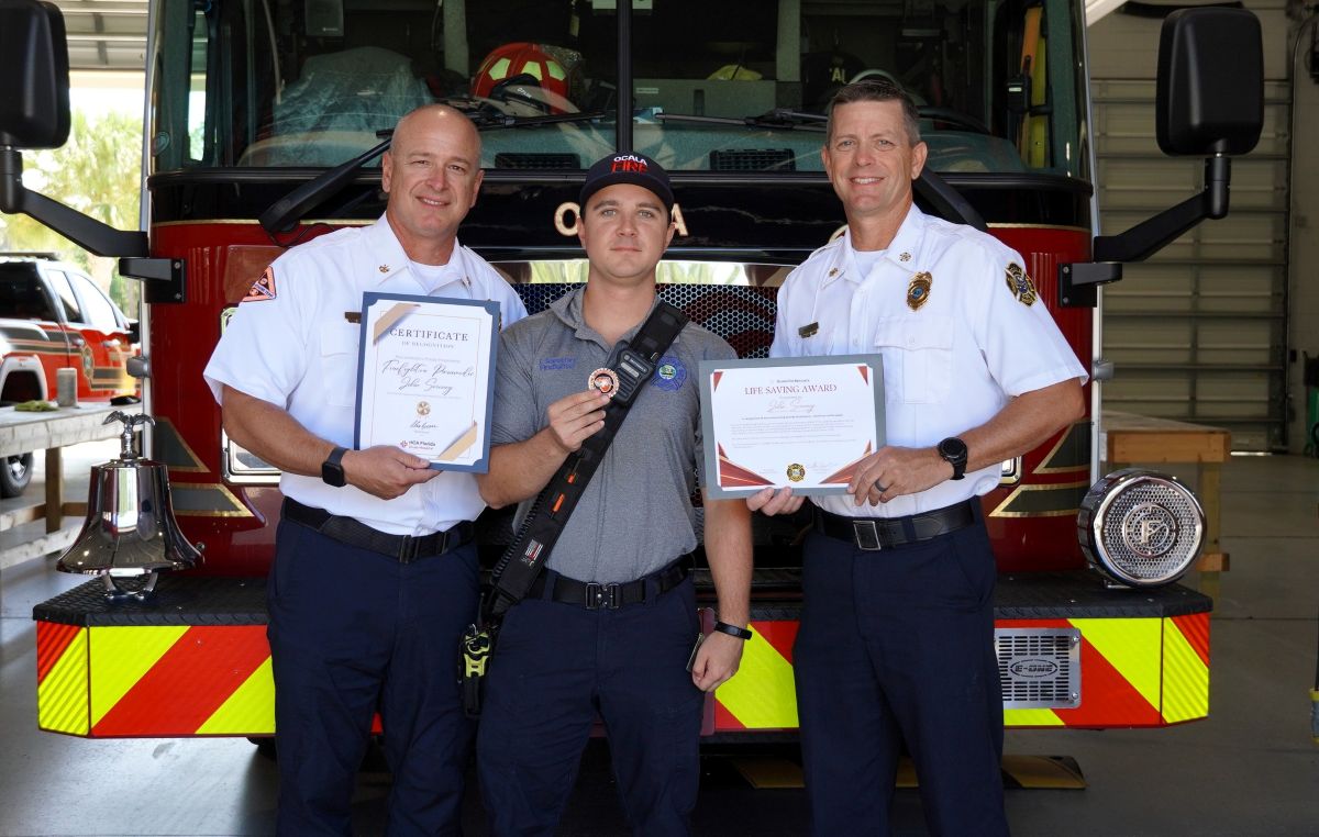 Pictured L to R: Deputy Chief Richie Lietz, Firefighter/Paramedic John Sweeney, and Fire Chief Clint Welborn.