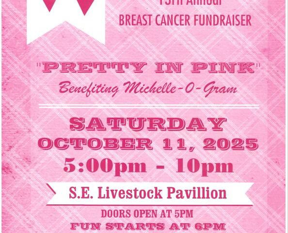 A pink flyer advertising Pretty in Pink, a fundraiser for breast cancer awareness.