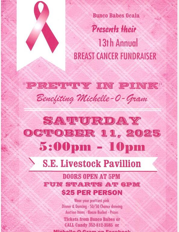 A pink flyer advertising Pretty in Pink, a fundraiser for breast cancer awareness.