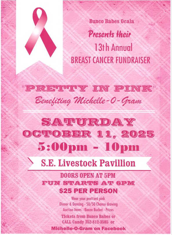 A pink flyer advertising Pretty in Pink, a fundraiser for breast cancer awareness.