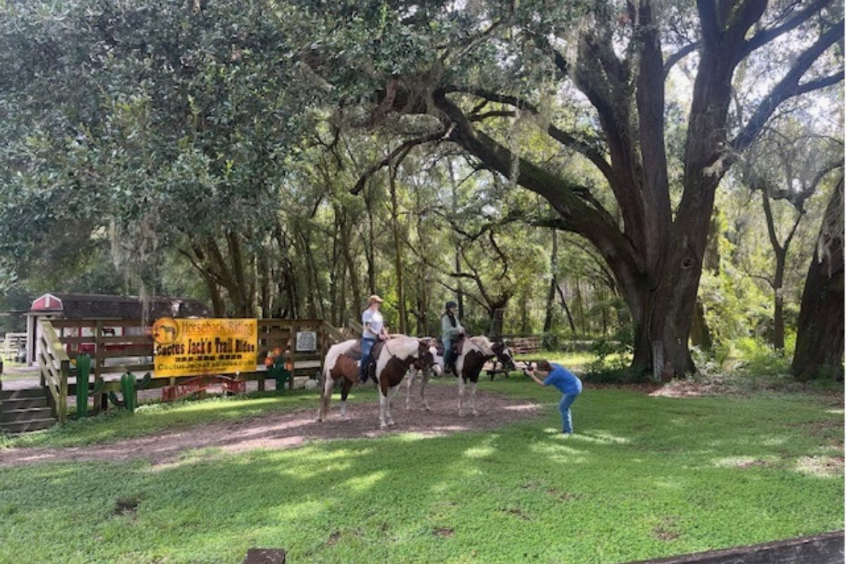 In the foreground grass, deeper in the back two horses, with riders, and a man taking photos, a sign in the left in the background. A huge live oak tree on the right in the foreground. 