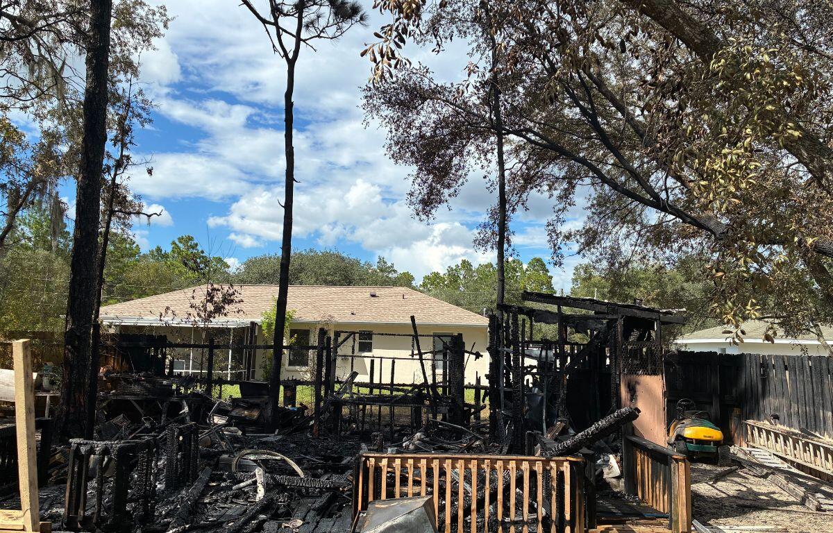Charred remains of a shed in the foreground, with trees to the right, center and left, a dwelling in the background and another to the right.
