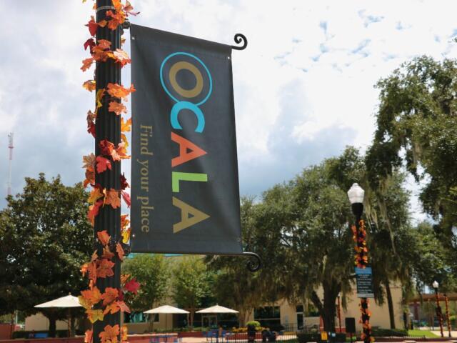 In the foreground is a light pole with autumn-colored leave and a sideways sign reading, "Ocala. Find your place." In the background are trees, buildings and multiple poles with similar leaves and signs reading rules. There are also tables with umbrellas and walking paths for public use.