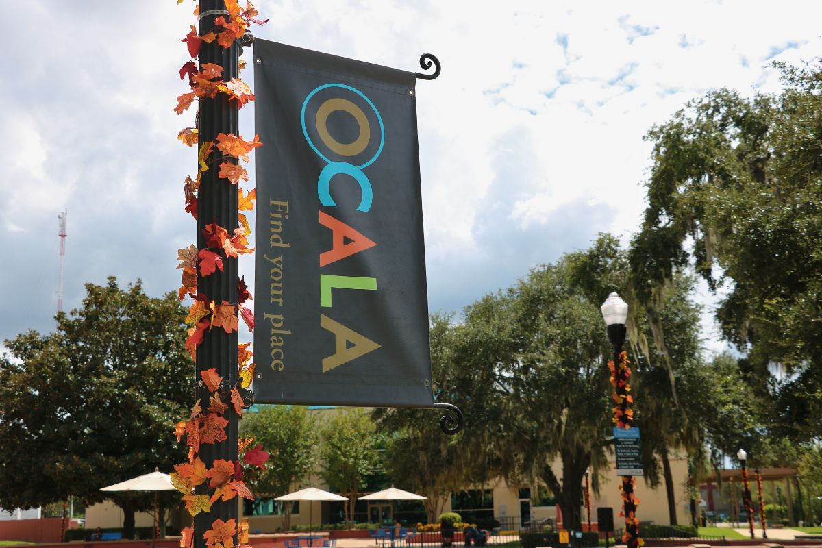 In the foreground is a light pole with autumn-colored leave and a sideways sign reading, "Ocala. Find your place." In the background are trees, buildings and multiple poles with similar leaves and signs reading rules. There are also tables with umbrellas and walking paths for public use.