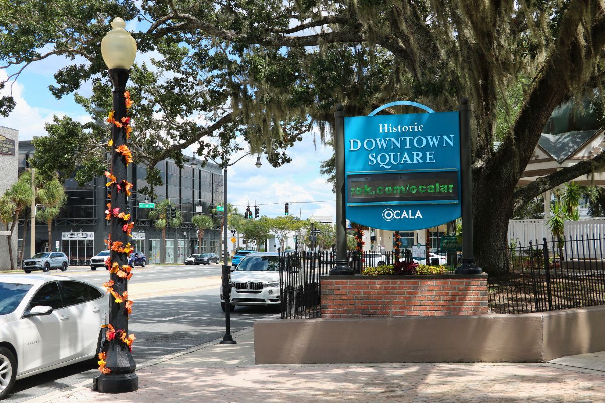 On the left is a light pole with autumn-colored leaves hanging from it. To the right of that is a sign that reads, "Historic Downtown Square Ocala." In the background is a large tree, shading both the sign and the light pole. Further behind the tree is a white gazebo on the right and slow traffic on the left.