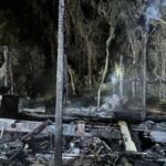 Tree line in the background, smoldering gray remains, of a barn, with a pole and debris in the foreground.