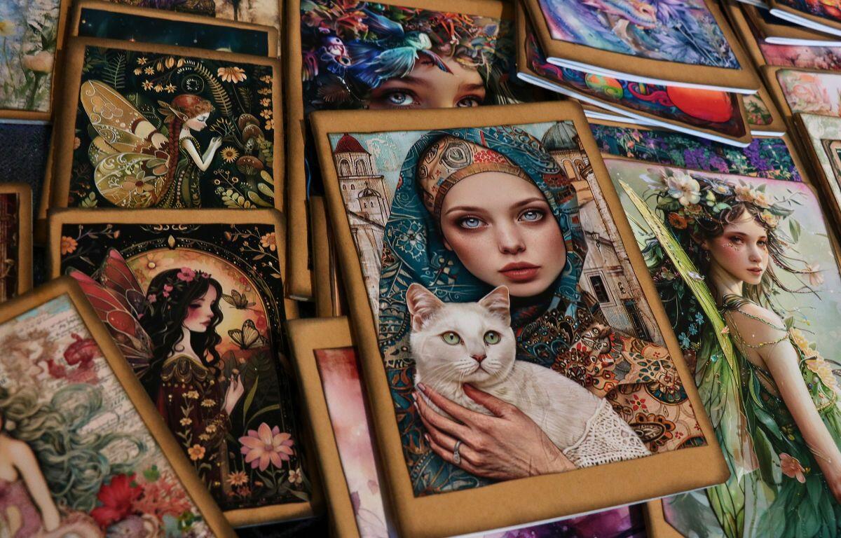 A collection of fantasy-themed books featuring ethereal women, fairies, and a central portrait of a woman in a headscarf holding a white cat. The artwork is vibrant, detailed, and magical in style.
