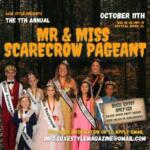A promotional flyer for the 7th Annual Mr. & Miss Scarecrow Pageant presented by Luxe Style. The flyer shows past winners wearing crowns and sashes, smiling in front of a fall forest background. Event details include October 11th at 1601 SE US Hwy 19, Crystal River, FL. Basic entry is $60, with over $25,000 in scholarships available.