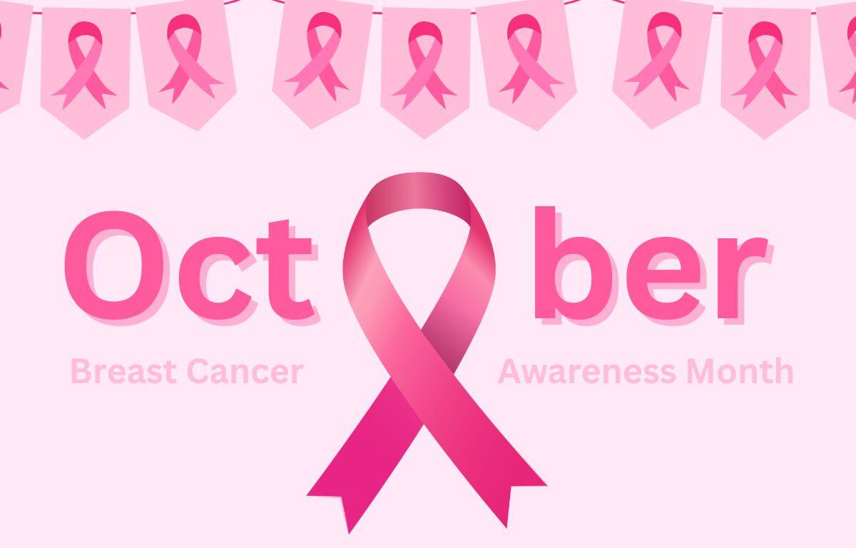 A pink image with a banner of pink ribbons at the top and in the center. There is text that reads, "October Breast Cancer Awareness Month."