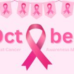A pink image with a banner of pink ribbons at the top and in the center. There is text that reads, "October Breast Cancer Awareness Month."