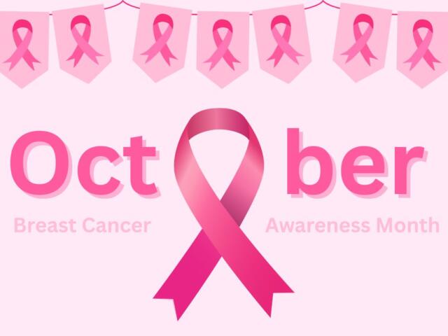 A pink image with a banner of pink ribbons at the top and in the center. There is text that reads, "October Breast Cancer Awareness Month."