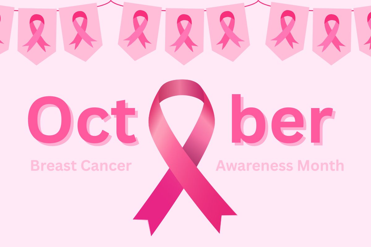 A pink image with a banner of pink ribbons at the top and in the center. There is text that reads, "October Breast Cancer Awareness Month."