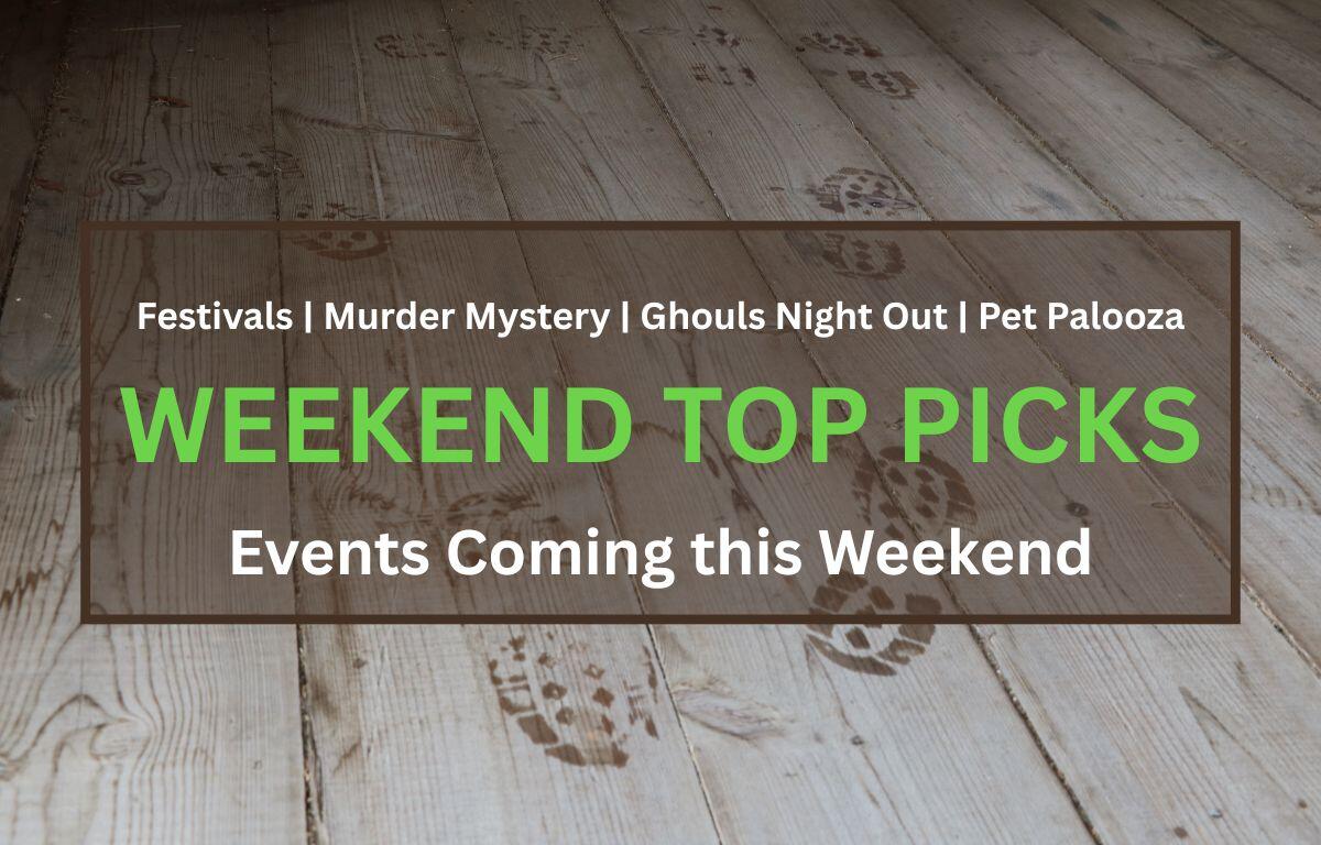 Watery footprints leave stains on a wood floor. The foreground has white and green text reading, "Festivals | Murder Mystery | Ghouls Night Out | Pet Palooza," "WEEKEND TOP PICKS" and "Events Coming this Weekend."