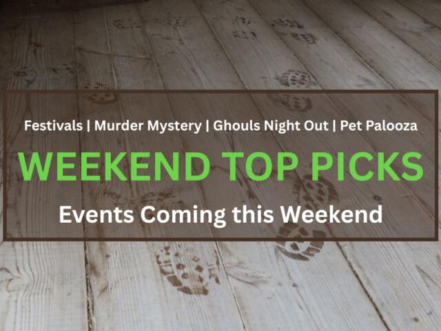 Watery footprints leave stains on a wood floor. The foreground has white and green text reading, "Festivals | Murder Mystery | Ghouls Night Out | Pet Palooza," "WEEKEND TOP PICKS" and "Events Coming this Weekend."